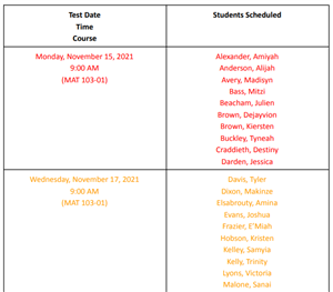 CA and Trig Exam Schedule